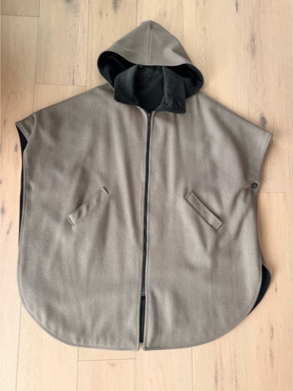 Vintage Taupe Hooded Cape Poncho Wool Blend Removable Hood Oversized - Picture 2 of 9